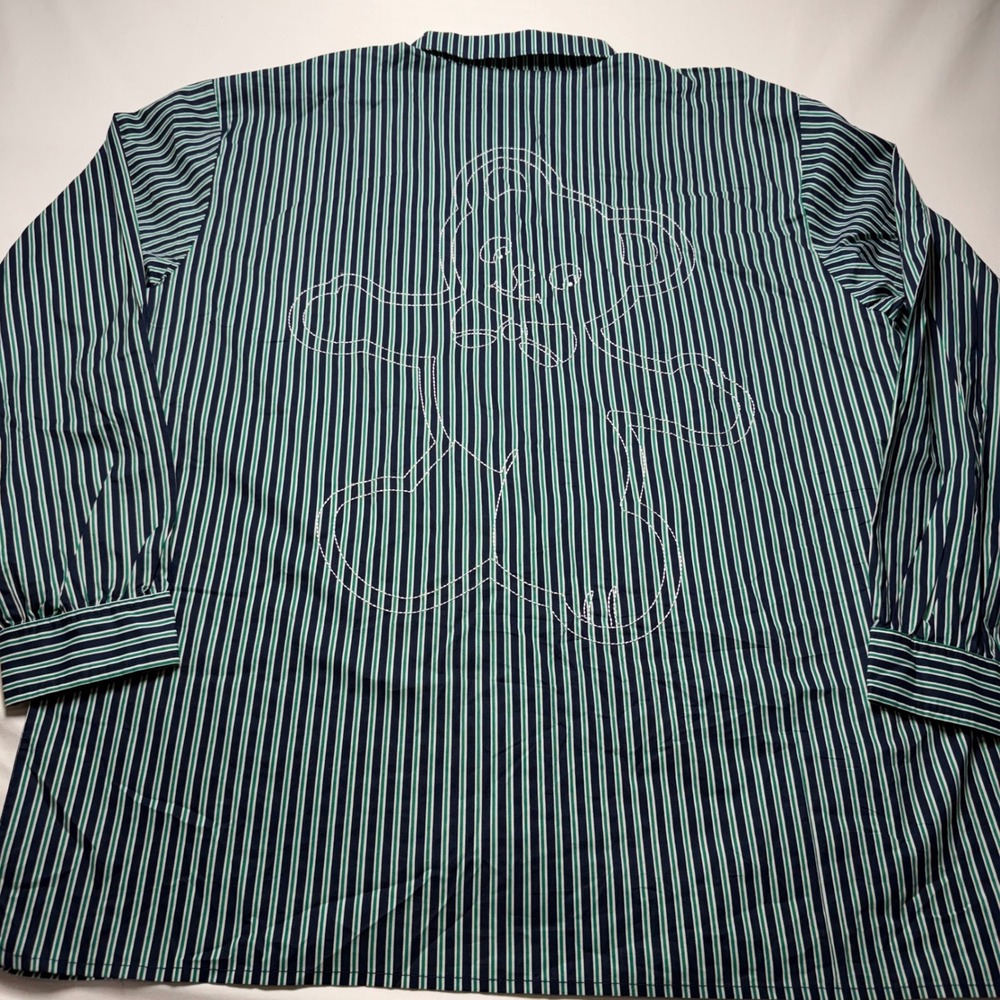 Teddy Fresh Mens 2XL Striped Button Down Shirt Navy Green Back Bear Embroidery